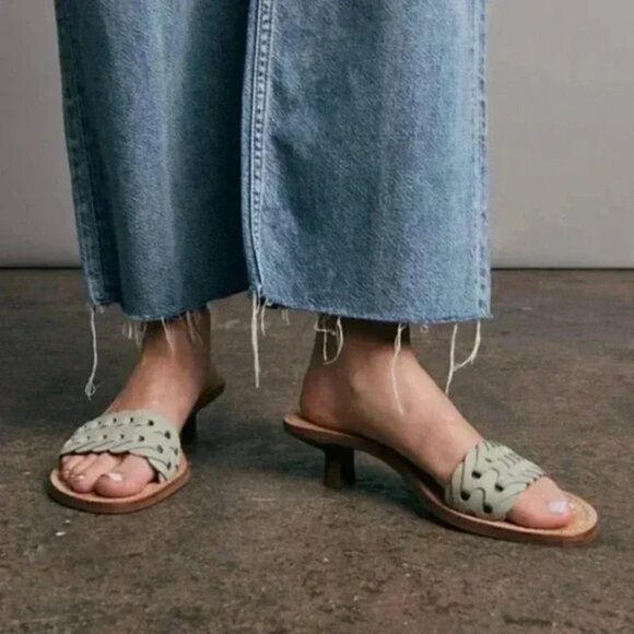 Rag & Bone Melrose Open Toed Mint Leather Kitten Heel Sandals Size 7 - Picture 1 of 6